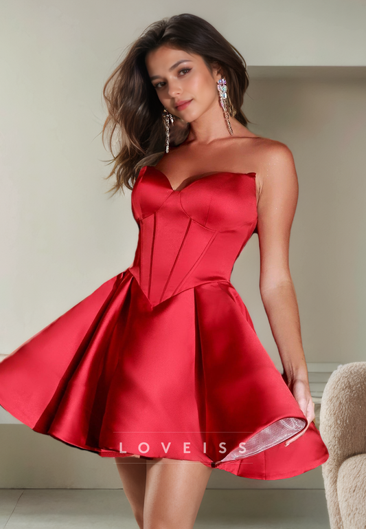 A-Line Strapless Sleek Satin Elegant Party Homecoming Dress