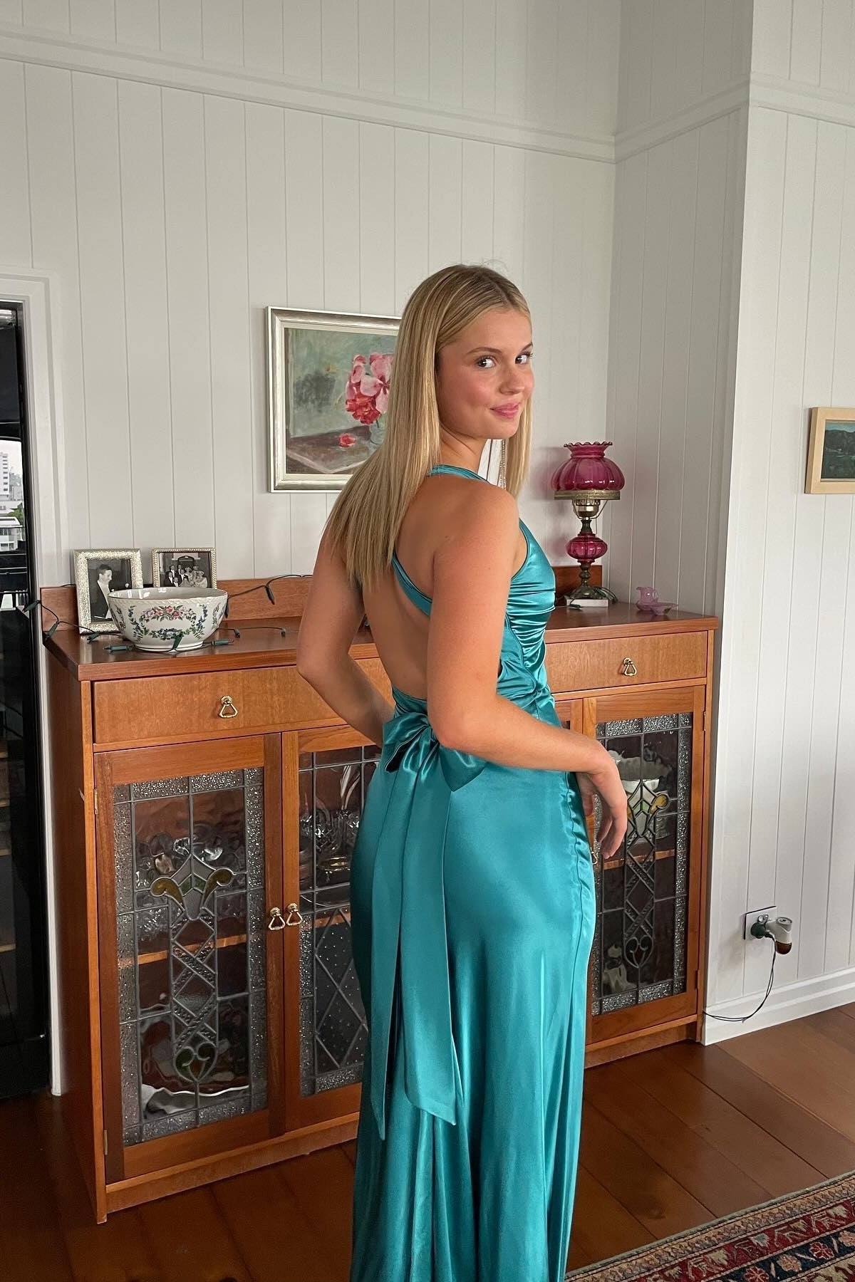 Trendy Sheath Halter Neck Purple Long Party Dress with Open Back Bowknot