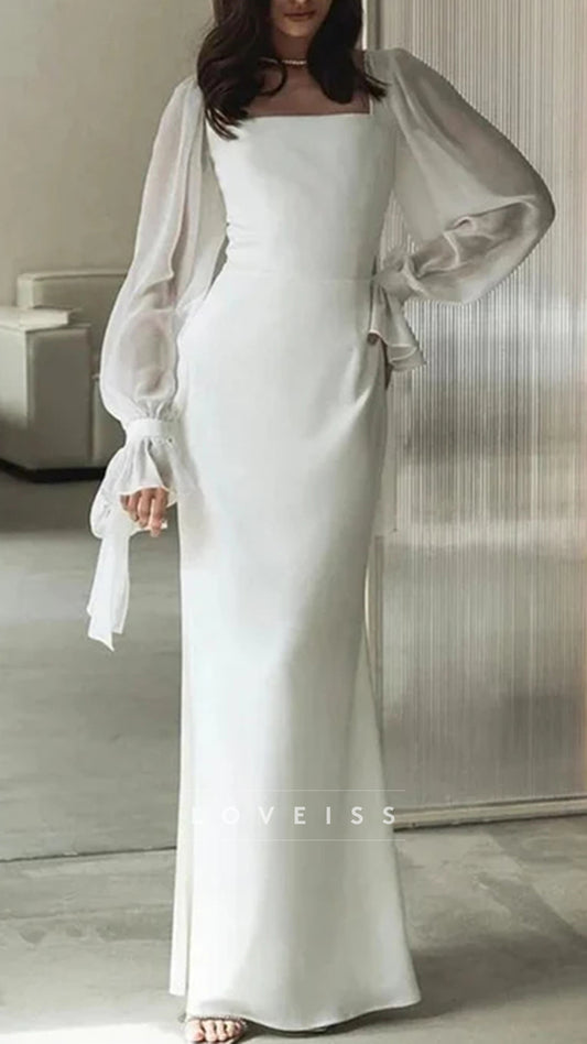 Simple Wedding Dresses Square Neck Puff Sleeves