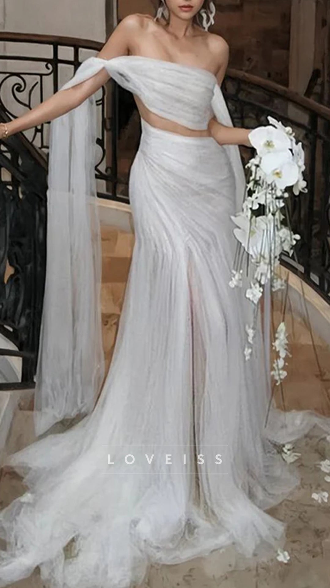Tulle Mermaid Long Wedding Dress With Slit