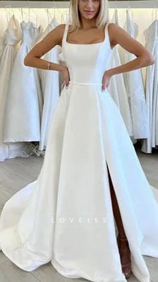 Square Neck A Line Satin Wedding Gown Buttons Back