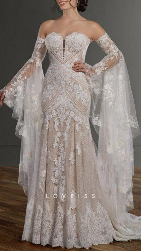Bohemian Lace Fit-and-Flare Wedding Dress with Detachable Bell Sleeves