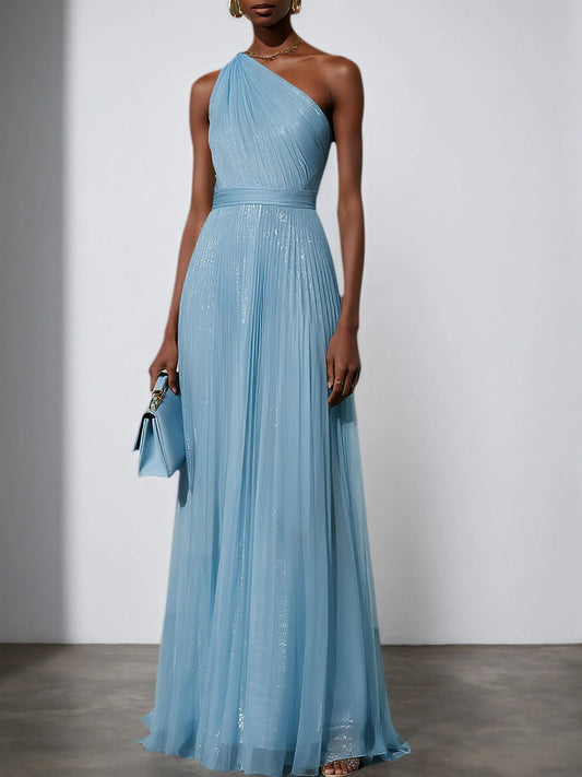 Light Blue Tulle One Shoulder Sleeveless A-Line Gown Dress