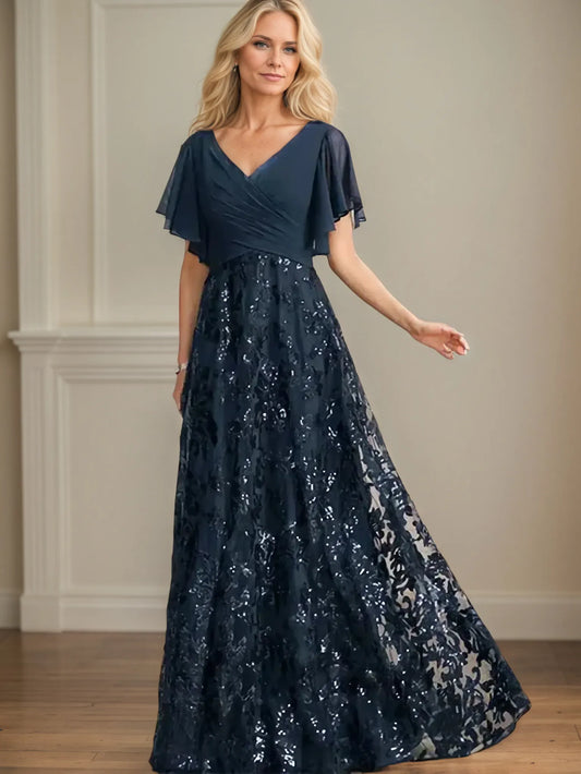 A Line V Neck Short Sleeve Chiffon Mother of the Bride Dress With Appliques