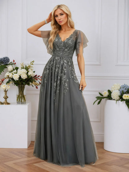 A-line V-Neck Floor-Length Tulle Lace Evening Dress With Sequins