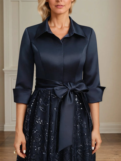A-line Collared V-Neck Tea-Length Satin Lace Sequin Mother of the Bride Dress With Bow