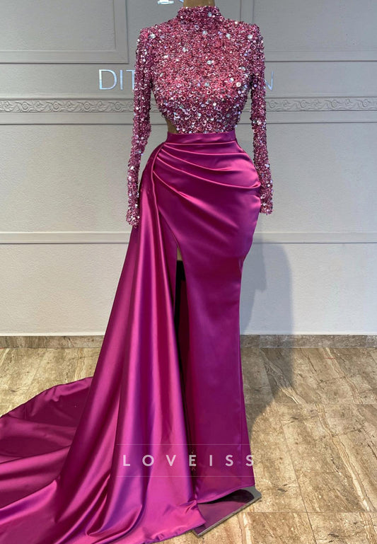 High Neck Long Sleeves Sequins Sheath Prom Dress