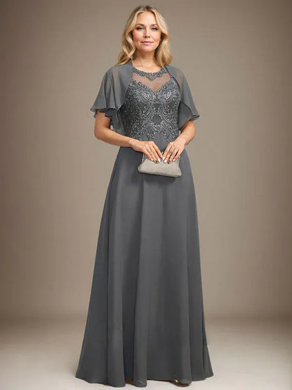 A-line Scoop Illusion Floor-Length Lace Chiffon Mother of the Bride Dress With Sequins