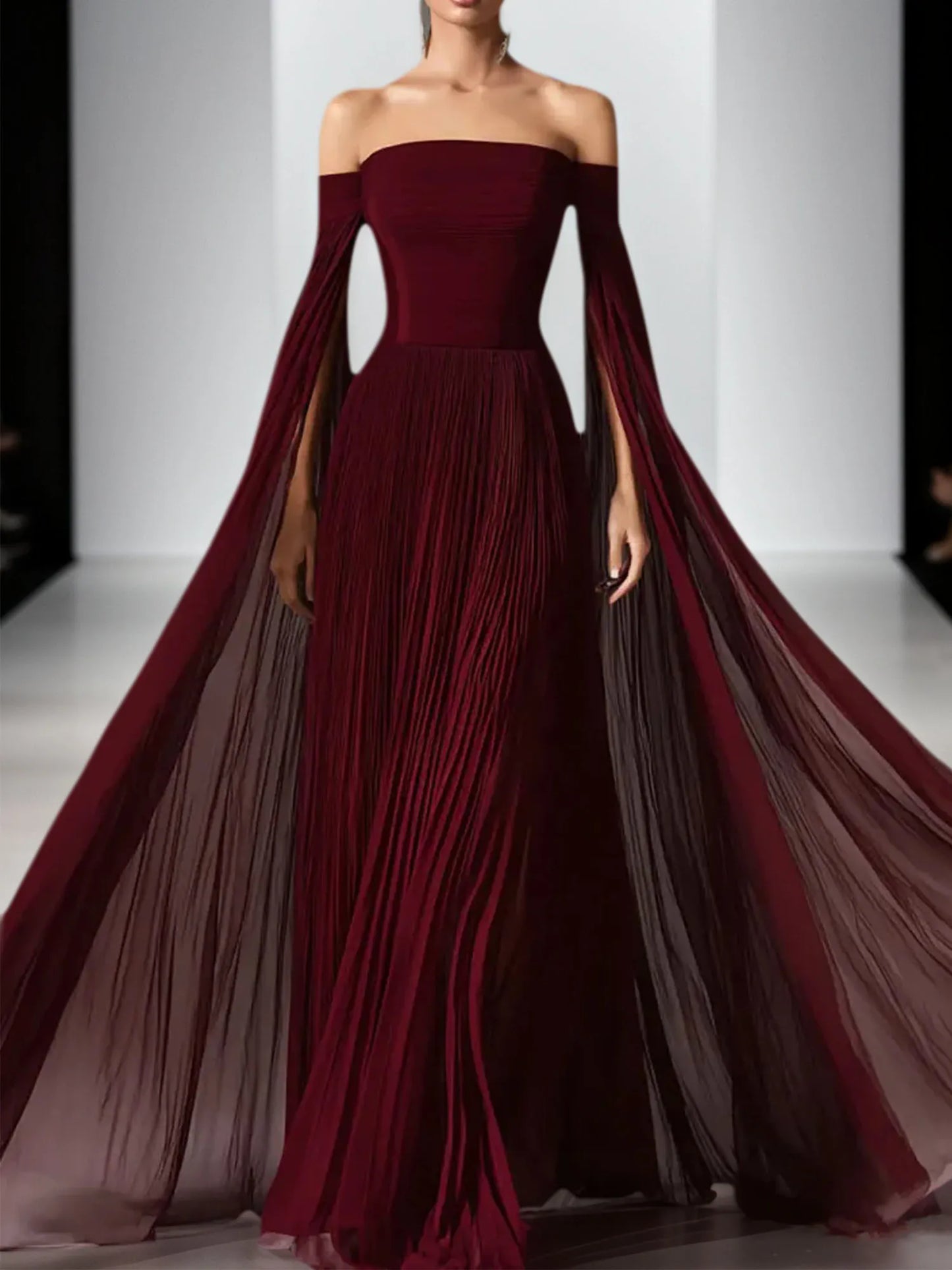 Flowy Burgundy Off the Shoulder Pleated Long Formal Dress with Cape