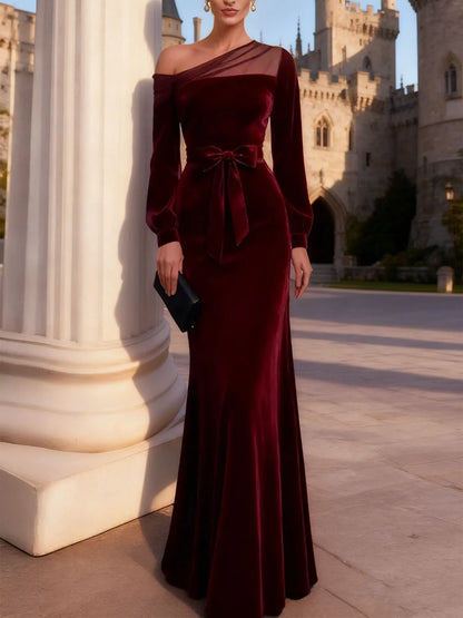 Evening Formal Dress Burgundy One Shoulder Velvet Maxi Dress