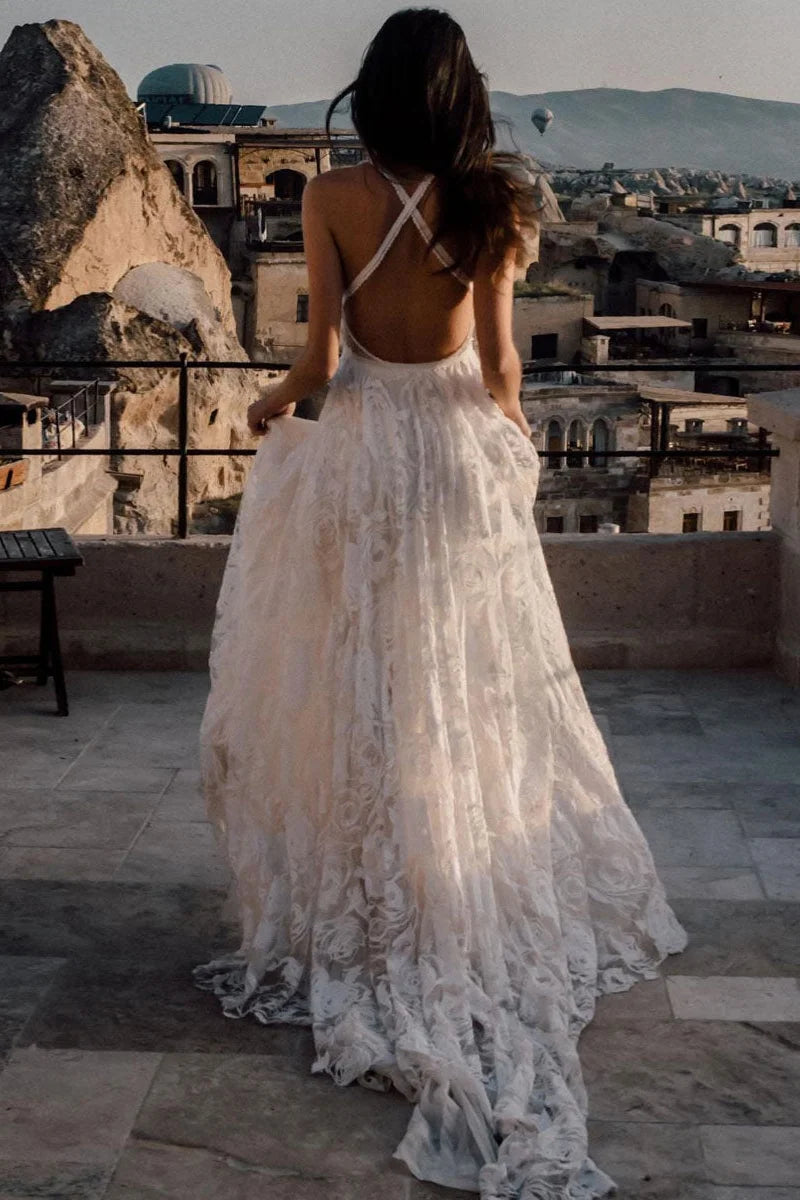 Spaghetti-Straps Lace Wedding Dress Slit