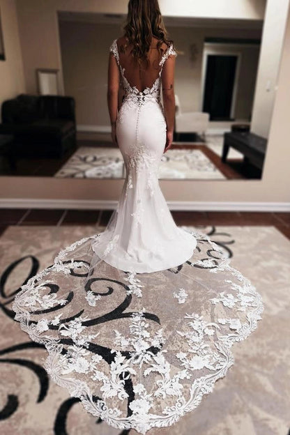 Elegant Mermaid V Neck Lace Wedding Dresses