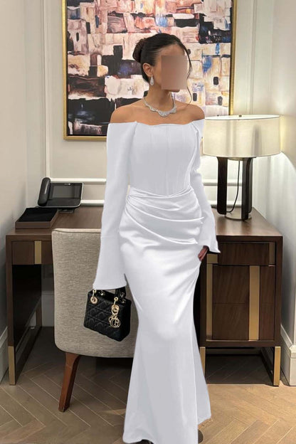 Lussooy Chic Satin Ivory Off the Shoulder Long Sleeves Prom Dress with Pleated