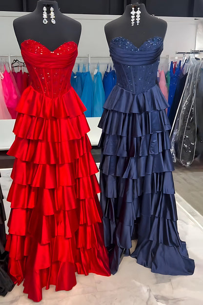 A-Line Strapless Navy Blue Ruffle Tiered Satin Long Prom Dress with Beads