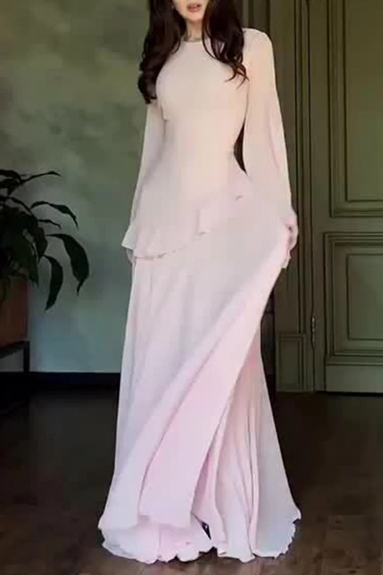 Round Neck Long Sleeve Ruffle Trim Lace Up Solid Color Maxi Dresses