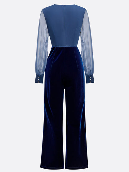 Women  Royal Blue Mesh  V Neck Long Sleeve Velvet Jumpsuit