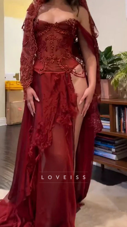 Burgudny Off Shoulder Long Dress Evening Party Dress with Veil