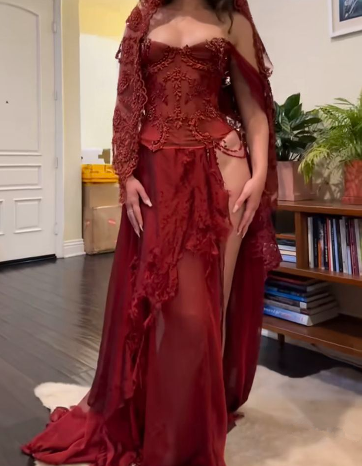 Burgudny Off Shoulder Long Dress Evening Party Dress with Veil
