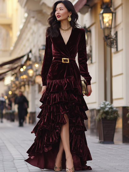Velvet Wrap Dress With Ruffle Detail In Burgundy
