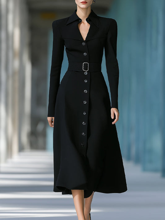 Black Belted Button-Down Midi Dress