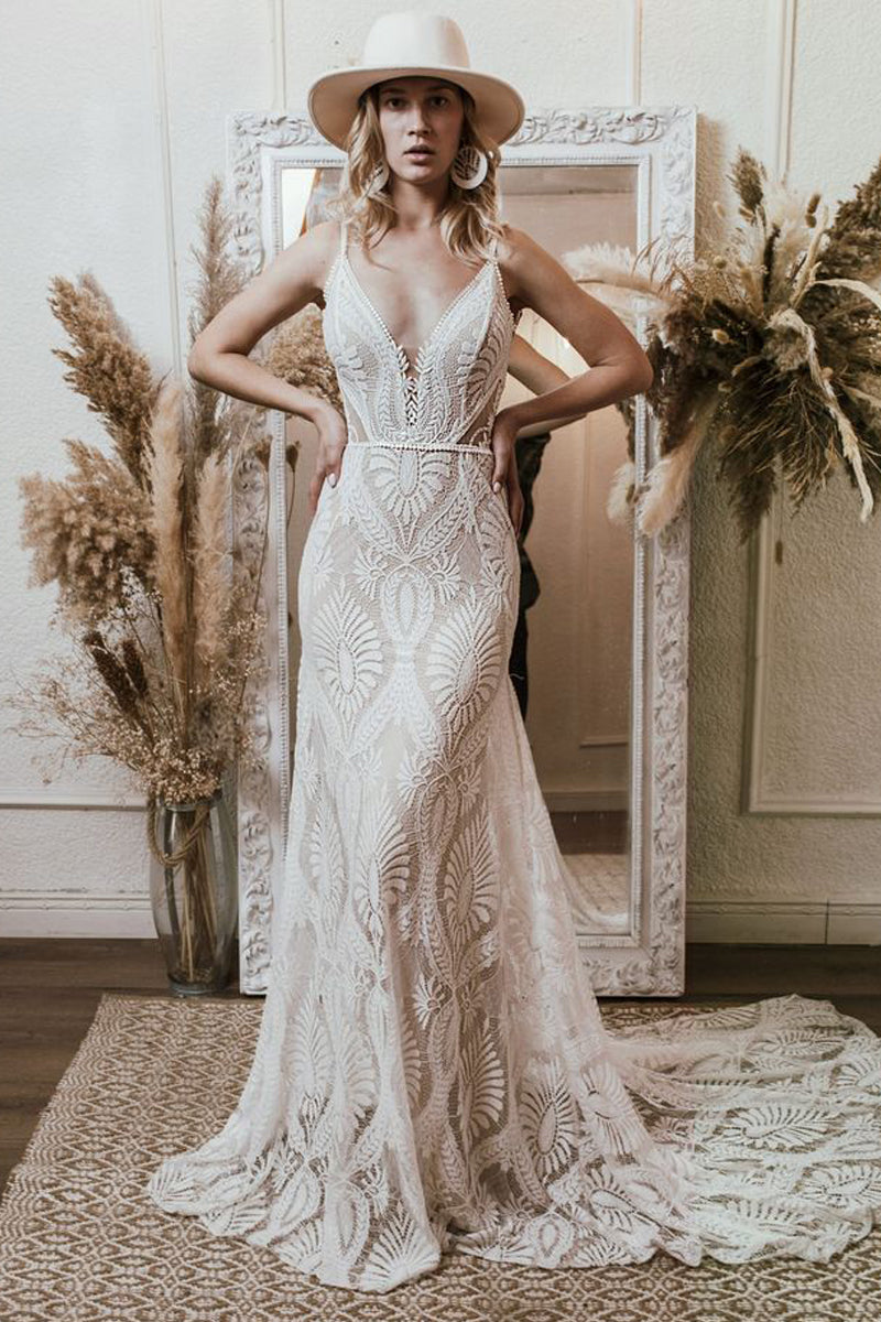 Boho Mermaid V Neck Lace Long Wedding Dresses