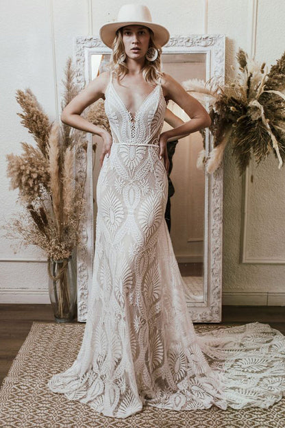 Boho Mermaid V Neck Lace Long Wedding Dresses