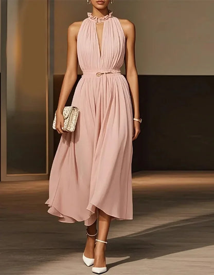 Blush Pink Halter Neck Pleated Dress
