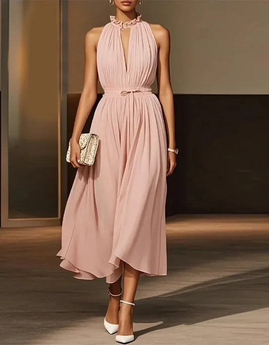 Blush Pink Halter Neck Pleated Dress