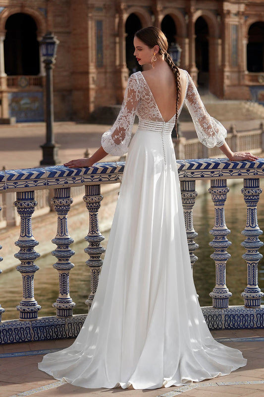 Crepe wedding dress with lace details