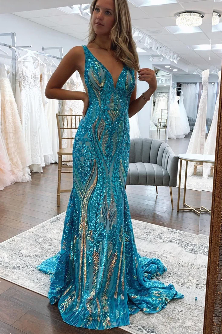 Stunning Mermaid Sleeveless V-Neck Sequins Appliques Long Prom Dress