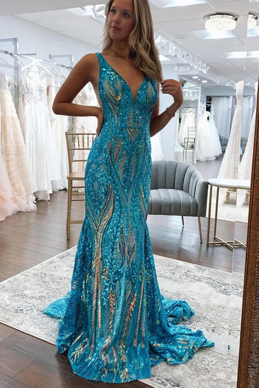 Stunning Mermaid Sleeveless V-Neck Sequins Appliques Long Prom Dress