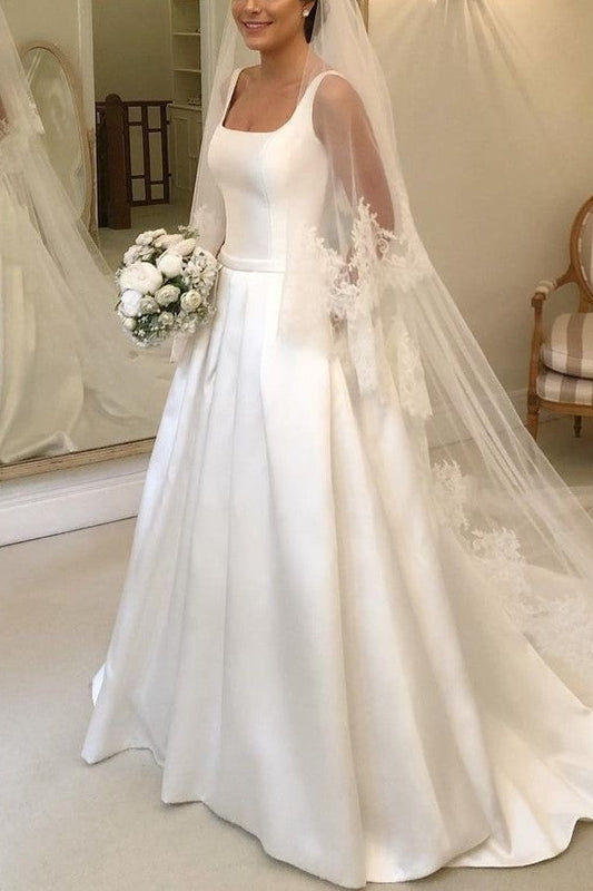 Square Neck Satin Bride Dresses for Wedding