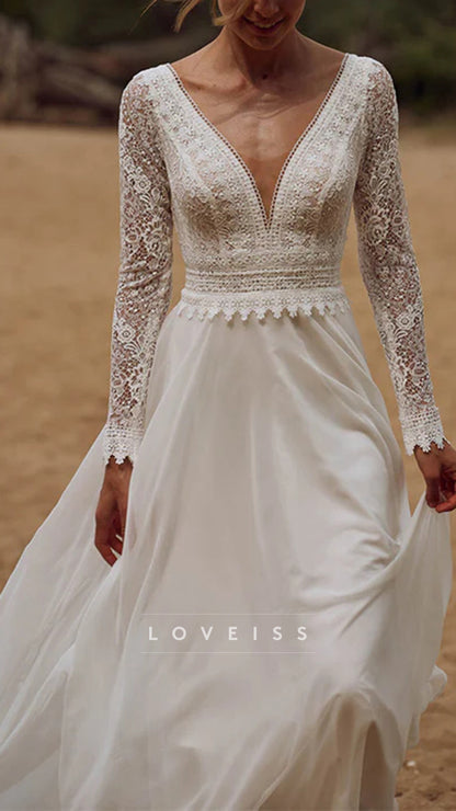 Long Sleeves Floral Lace Wedding Dress V Neck