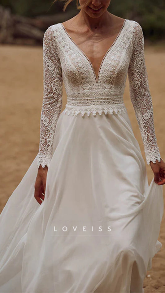 Long Sleeves Floral Lace Wedding Dress V Neck