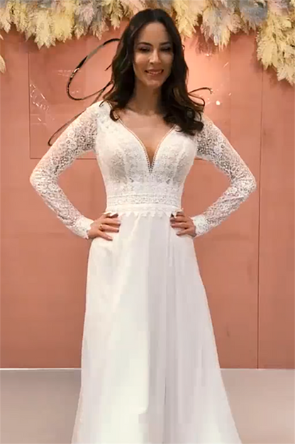 Long Sleeves Floral Lace Wedding Dress V Neck