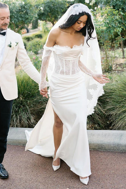 Long Sleeves Sheer Lace Bodice Boned Wedding Dress