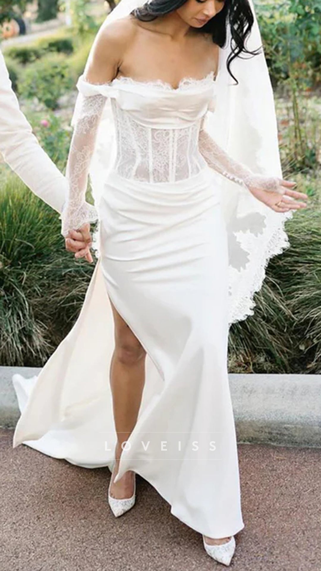 Long Sleeves Sheer Lace Bodice Boned Wedding Dress