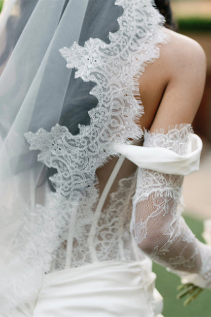 Long Sleeves Sheer Lace Bodice Boned Wedding Dress