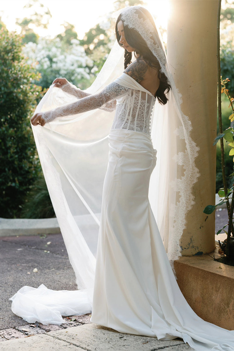 Long Sleeves Sheer Lace Bodice Boned Wedding Dress