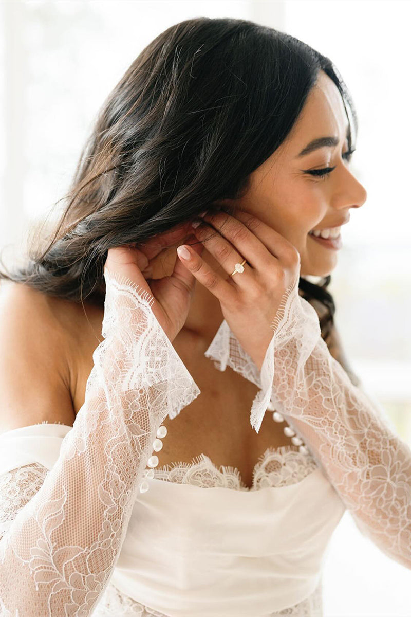 Long Sleeves Sheer Lace Bodice Boned Wedding Dress