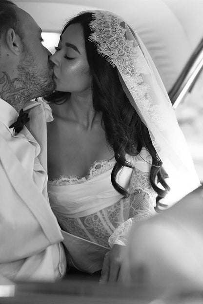 Long Sleeves Sheer Lace Bodice Boned Wedding Dress