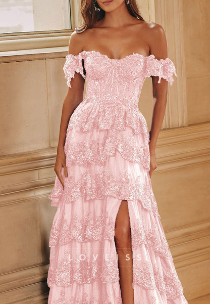 Off-Shoulder Strapless Appliques Tiered A-Line Sparkly Prom Dress