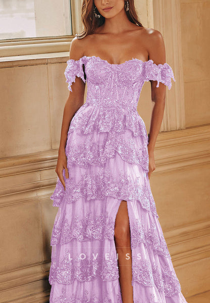 Off-Shoulder Strapless Appliques Tiered A-Line Sparkly Prom Dress