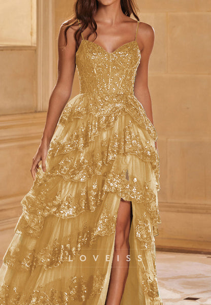 Sweetheart Spaghetti Straps Appliques Tiered Sparkly A-Line Prom Dress