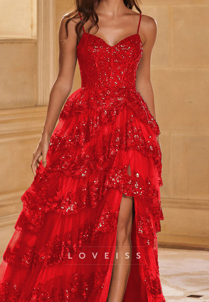 Sweetheart Spaghetti Straps Appliques Tiered Sparkly A-Line Prom Dress