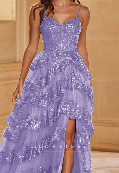Sweetheart Spaghetti Straps Appliques Tiered Sparkly A-Line Prom Dress