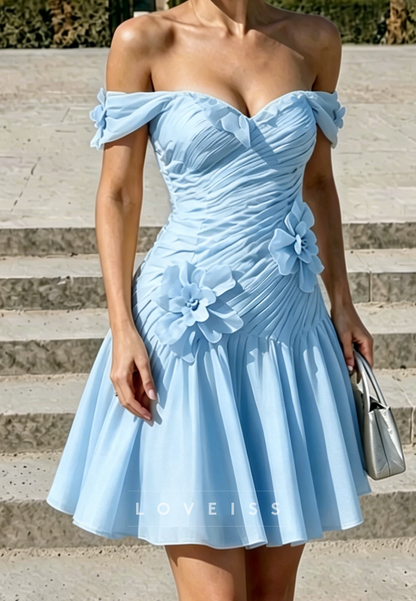 Off-the-Shoulder Ruched A-Line Dress with 3D Flowers