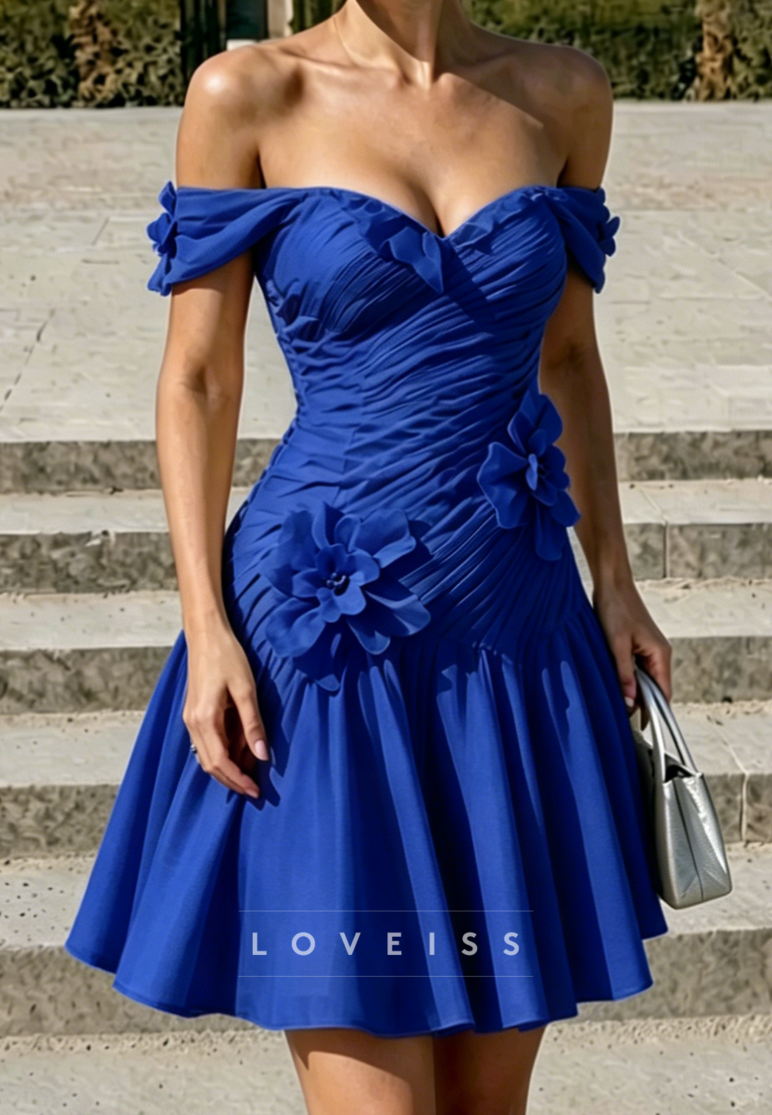 Off-the-Shoulder Ruched A-Line Dress with 3D Flowers