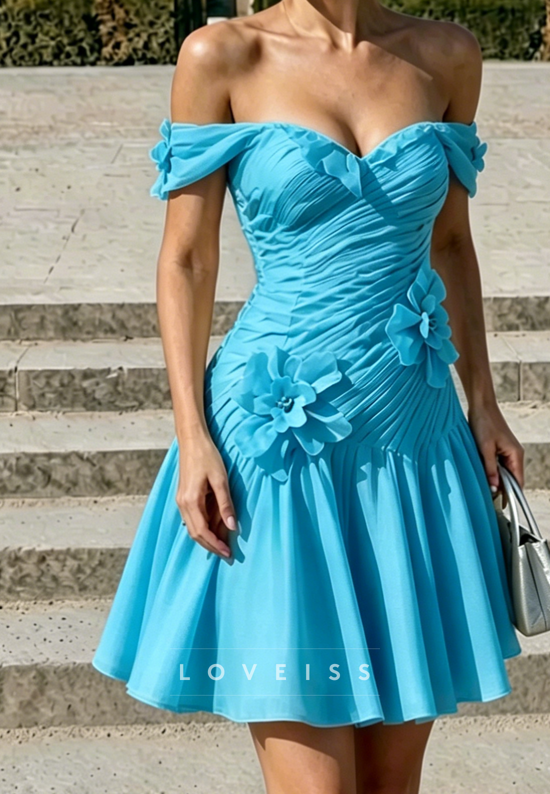 Off-the-Shoulder Ruched A-Line Dress with 3D Flowers