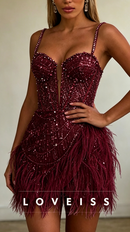 Sweetheart Spaghetti Straps Beaded Embroidery Sheath Short Beach Wedding Dress